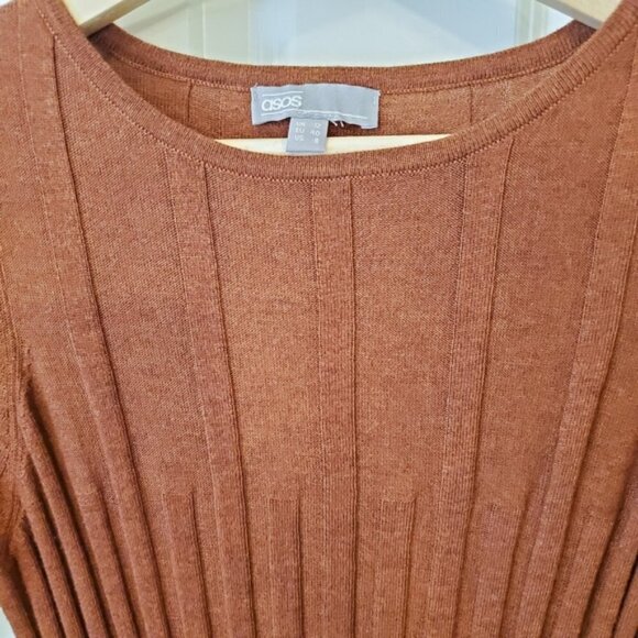 Asos Rust Brown Ribbed Long Sleeve Shift Dress 2 - Picture 5 of 11